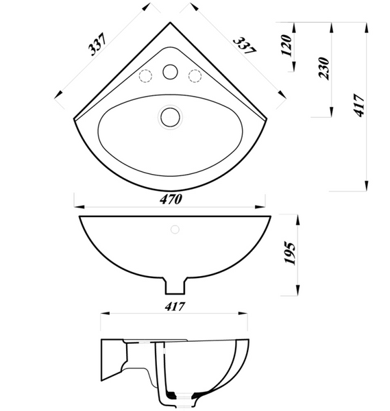 Arley 2TH Corner Basin 470mm