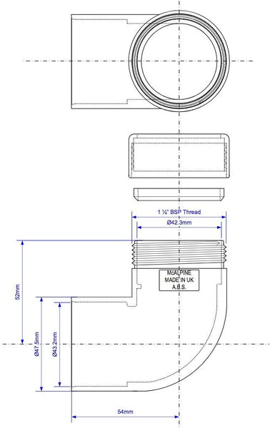 McAlpine 1̴_" x 42/43mm 90̴åÁ Bend CP Brass x ABS Connector ABS42/43A-CB