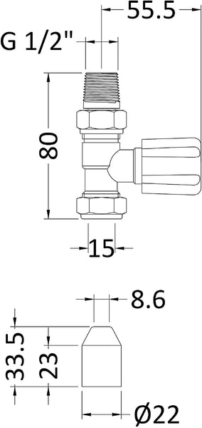 Nuie RV004 | Modern Bathroom Straight Radiator Valve, 78mm x 30mm, Chrome