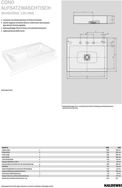 Cono Counter Top Basin 600X500X120̴Ì_WB 3085̴Ì_Kaldewei Enamel Pearl Effect without Tap Hole