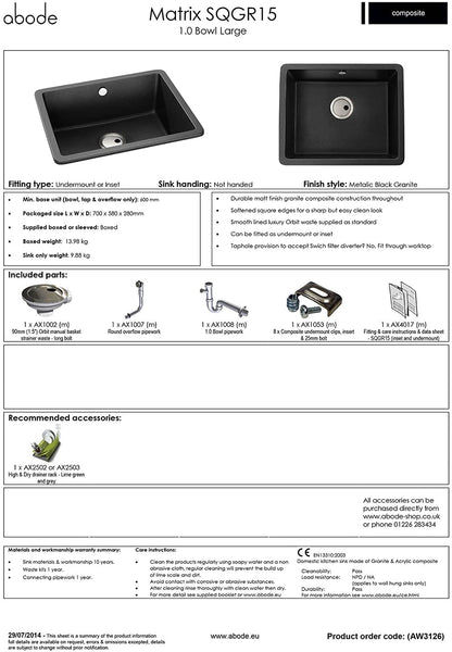 ABODE 259174 AW3126 Matrix SQGR15 1.0 Large Bowl Granite Kitchen Sink-AW3126