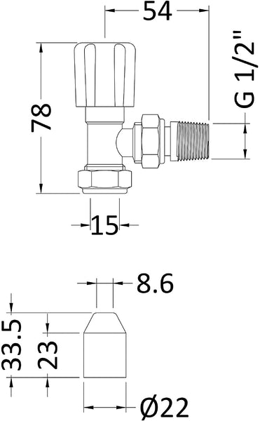 Nuie RV003 | Modern Bathroom Angled Radiator Valve, 78mm x 30mm, Chrome