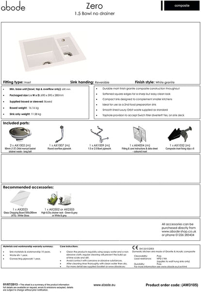 Abode Zero 1.5 Bowl WHITE Granite Sink Without Drainer - AW3105