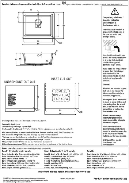 ABODE 259174 AW3126 Matrix SQGR15 1.0 Large Bowl Granite Kitchen Sink-AW3126